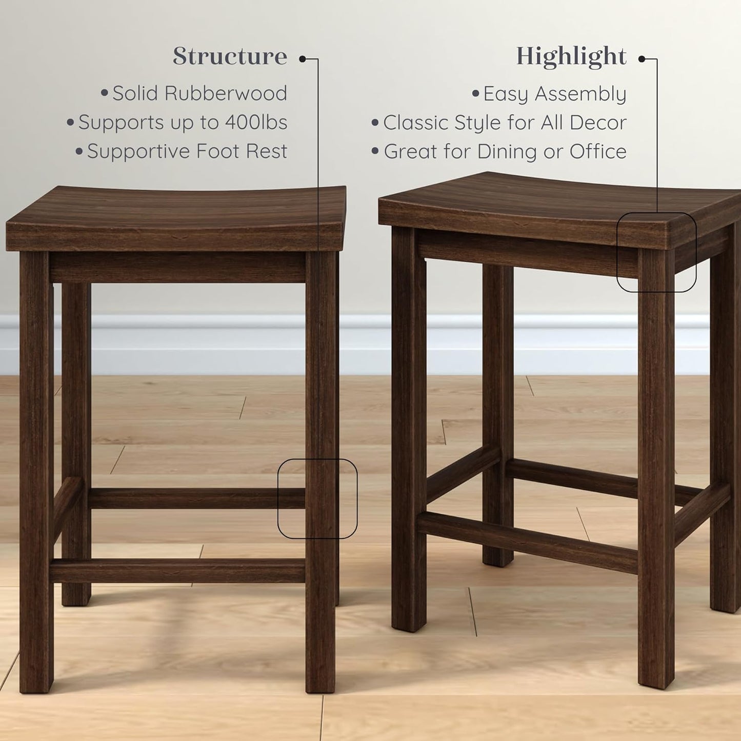 Grain & Grove Smith Collection Set of 2 Solid Wood Counter Height Bar Stools, 24-Inch Saddle Seat Backless Stools, Ideal for Kitchen Island, Dining, or Home Bar Seating, Walnut