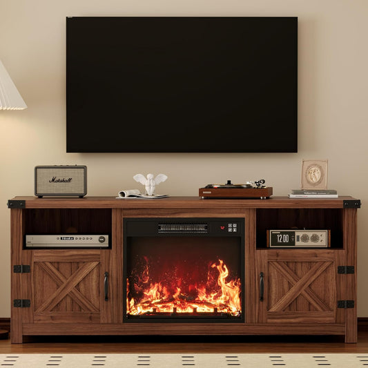 YESHOMY Fireplace TV Stand with Barn Doors and Open Display Shelf, Farmhouse Media Console with Hidden Cable Routing, Entertainment Center for Televisions up to 65+ Inch, Walnut