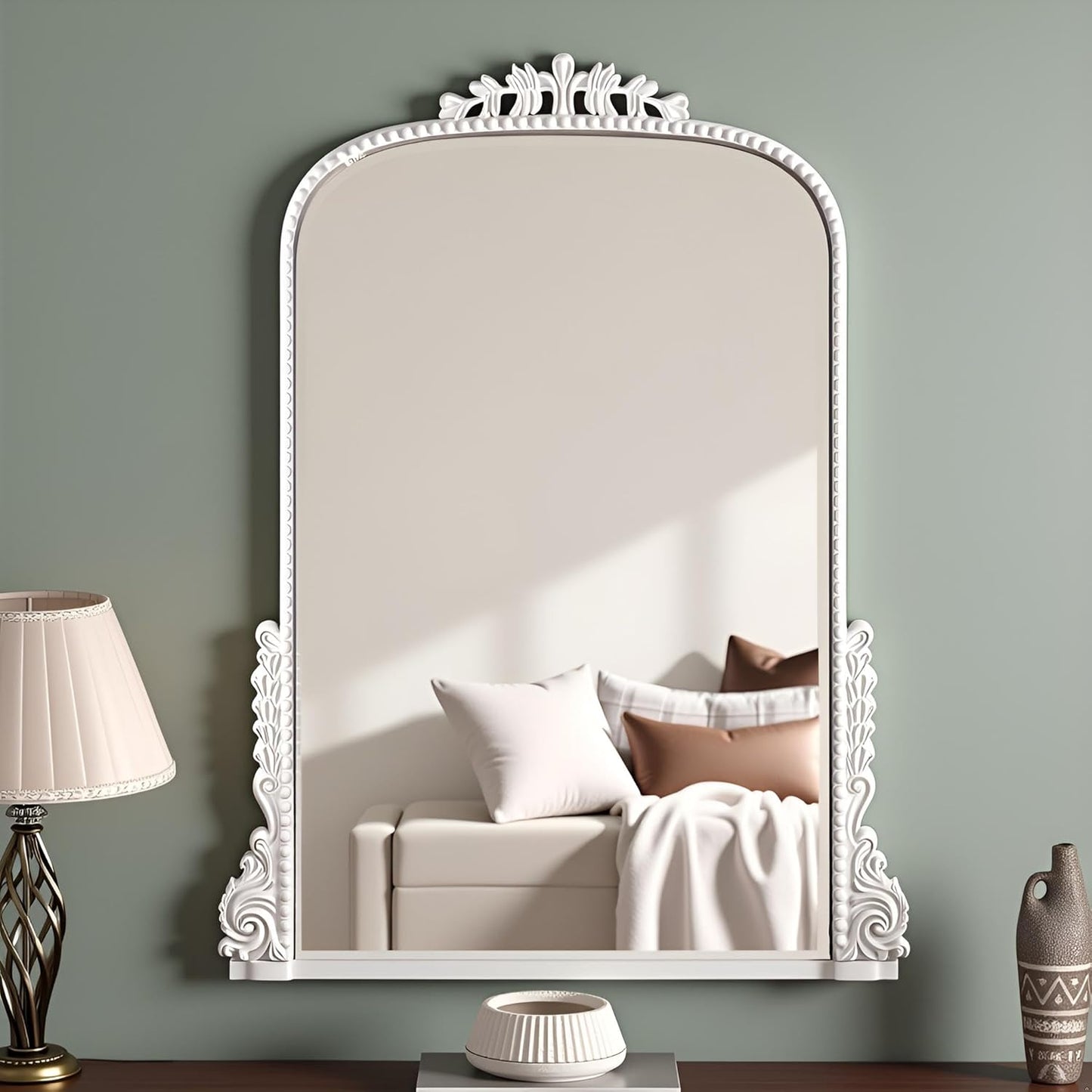 SHYFOY Antique Wall Mirror - White Baroque Arch Mirror for Wall Decor, 31.5" x 23.6" Decorative Mirror, Traditional Elegance for Living Room, Entryway, Mantel