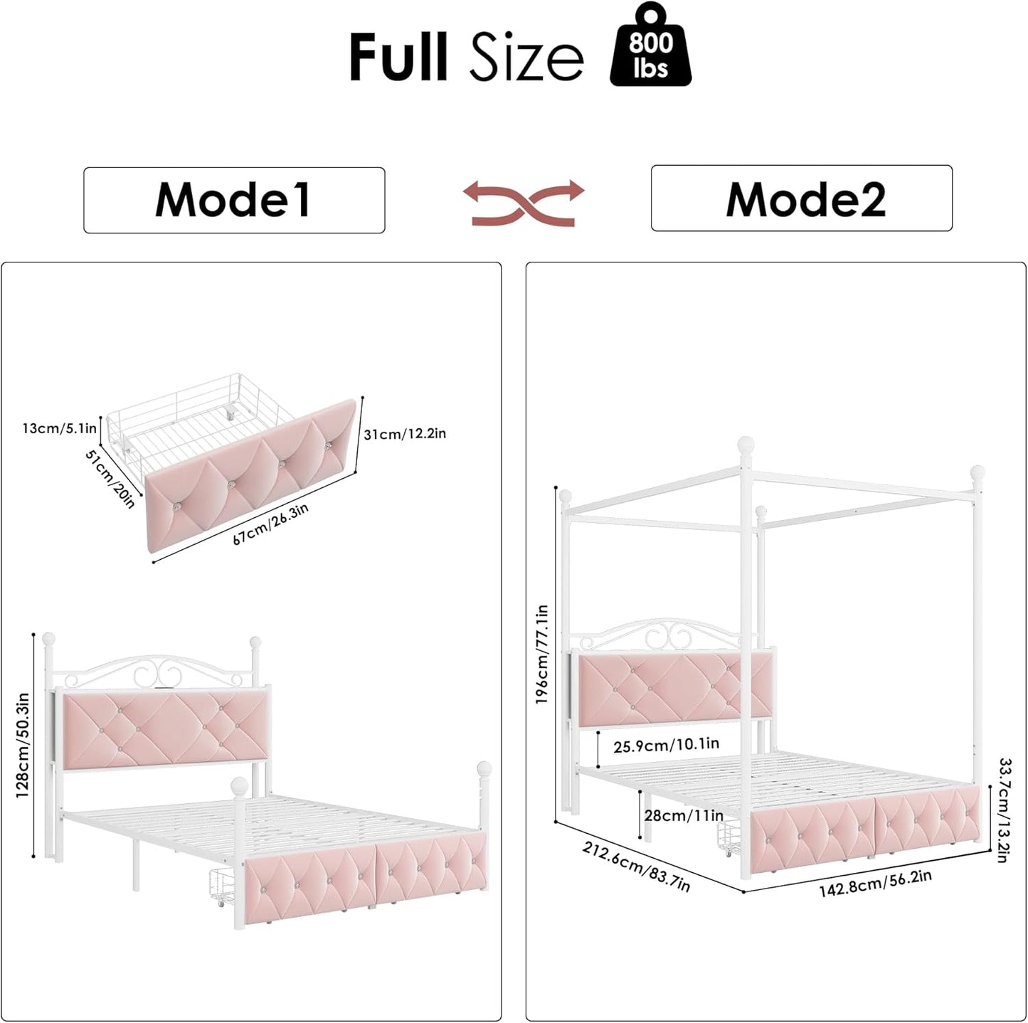 Full Upholstered Canopy Bed Frame with 2 Drawers & Crystal Tufted Storage Headboard Two-Purpose Metal Platform Bed with 4 Removable Posts & Charging Station Pink Princess Bed, Curtain Not Included
