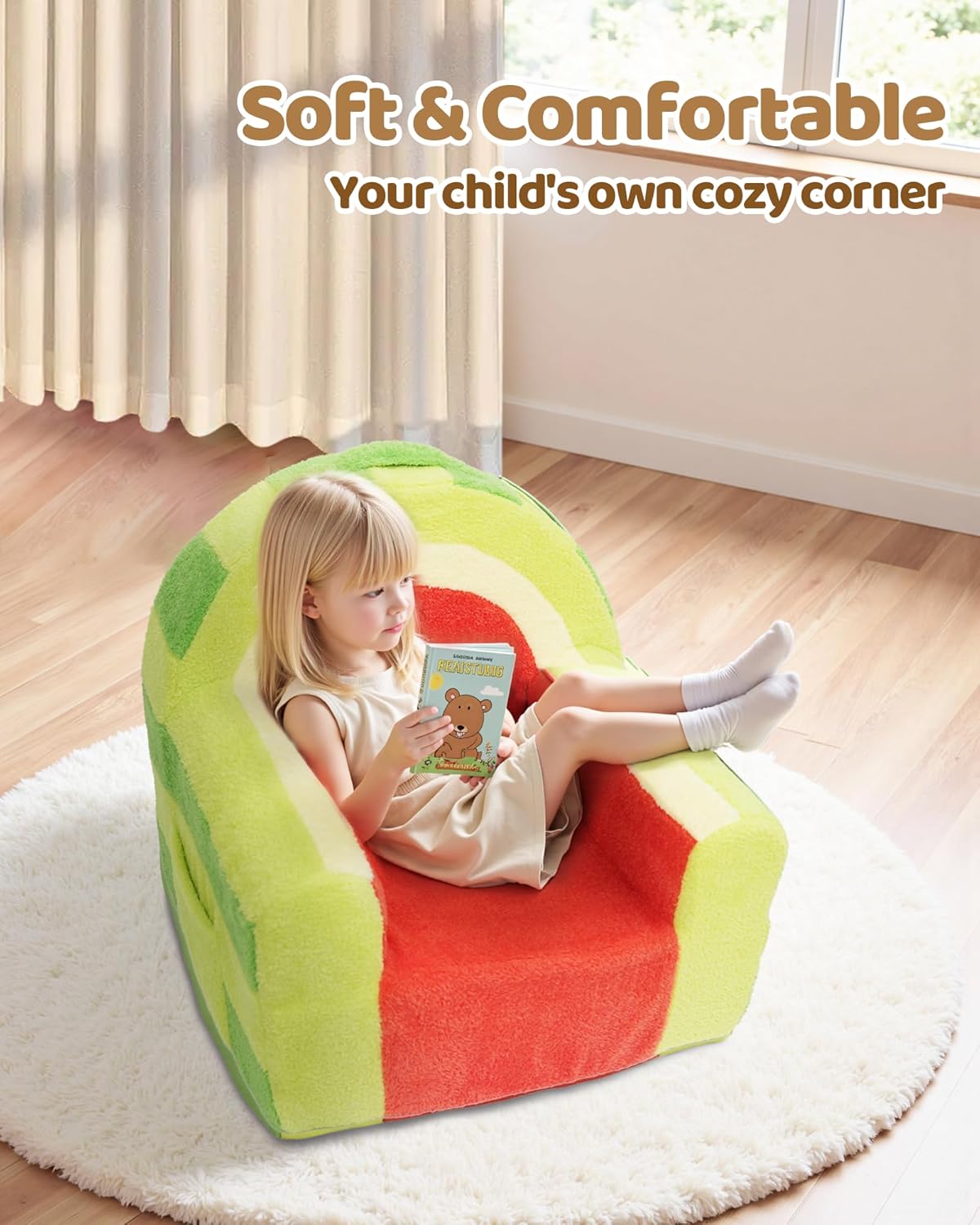Toddler Chair, Comfy Foam Kids Couch with Soft Velvet Cover, Toddler Couch with Cute Watermelon Design for Gaming and Studying, Kids Sofa for Boys and Girls