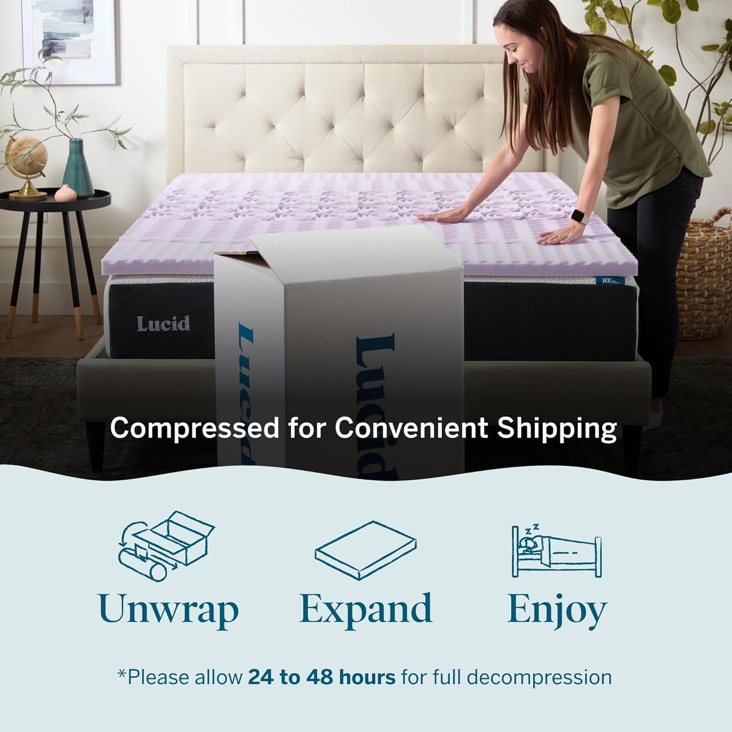 Lucid Lavender Infused 2 Inch Memory Foam Mattress Topper - Full Size - Plush Feel - 5 Convoluted Zones - CertiPUR Certified - New Home Owner & Dorm Room Essentials