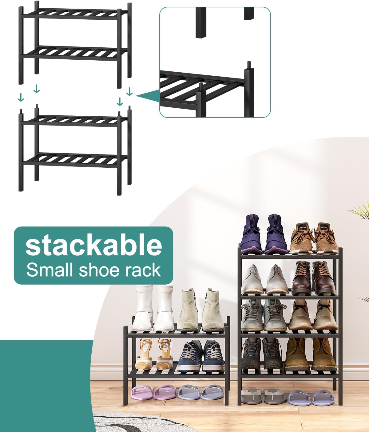 Black Small Shoe Rack for Entryway,2-Tier Bamboo Shoe Organizer for Hallway Closet, Free Standing Shoe Racks for Indoor Outdoor