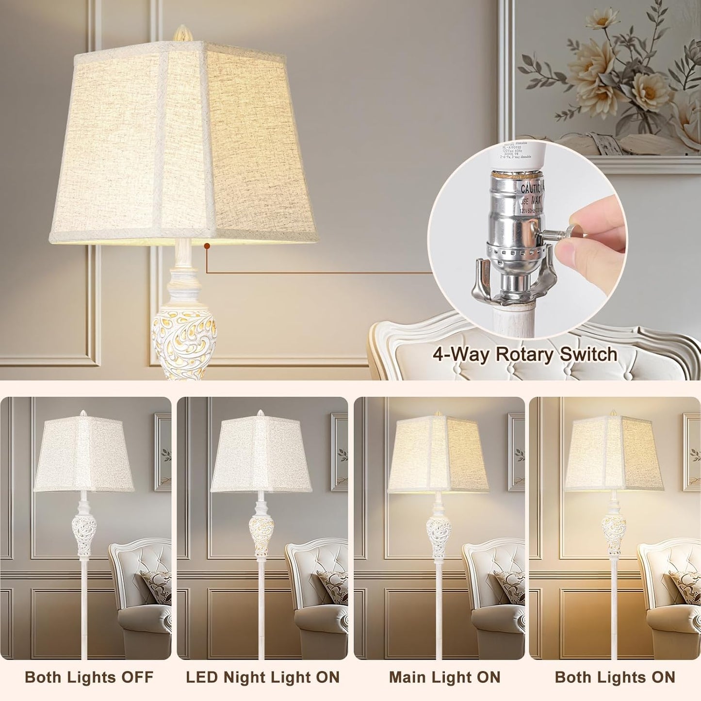 Floor Lamp for Living Room, Vintage Standing Lamp with Nightlight, 65" Tall Lamp with White Linen Shade, Farmhouse Rustic Floor Lamp for Bedroom, Office, Corner (LED Bulb Included)