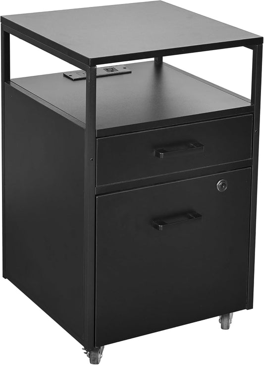Techni Mobili Modern 2-Drawer Rolling File Cabinet with Lock, 2 USB Ports and Power Outlet for Device Charging, Portable File Organizer or Printer Stand for Office or Home with Locking Wheels, Black