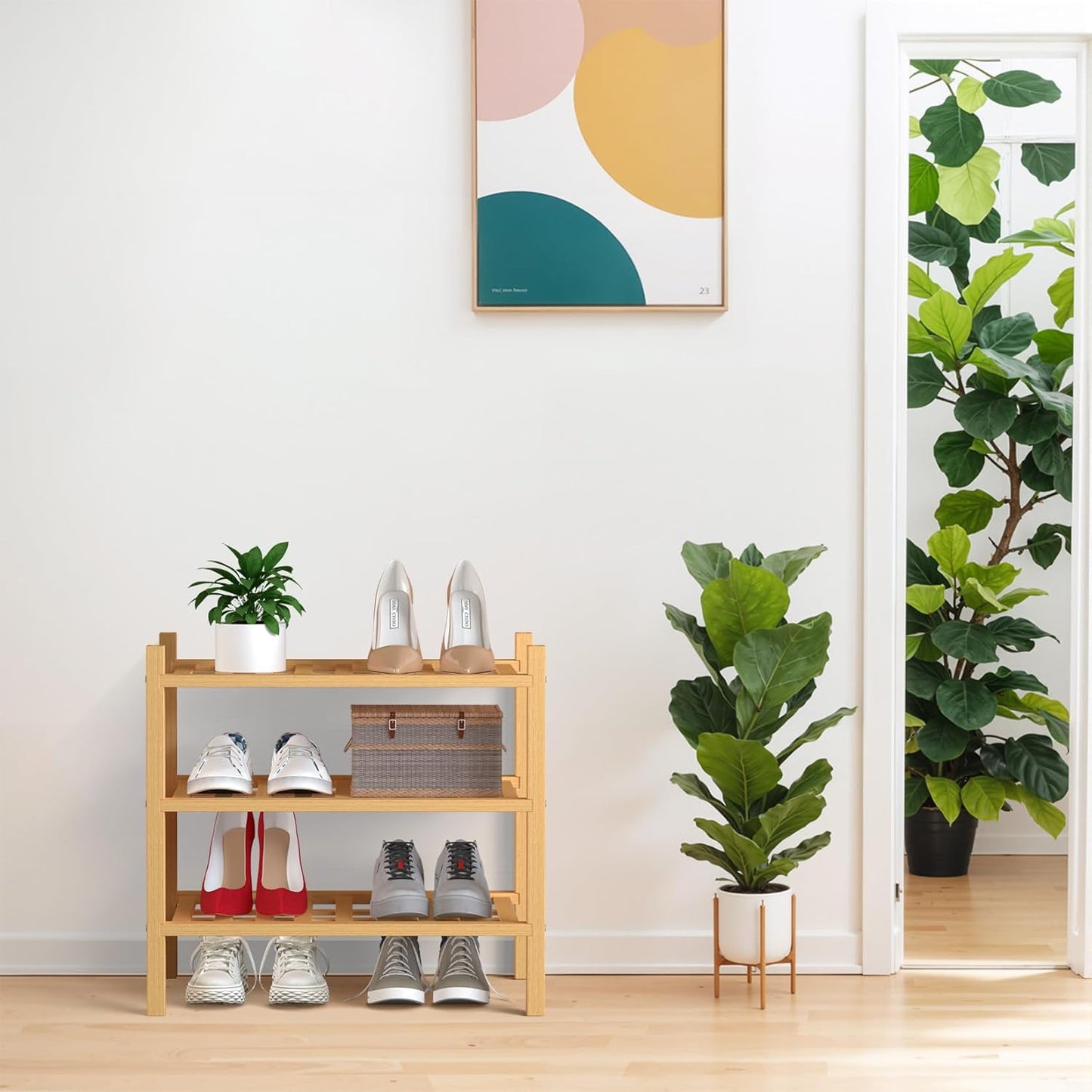 Haddockway small 3 Tier Bamboo Shoe Rack Storage Organizer,Multifunctional Free Standing Stackable Shoe Shelf with Grid Panel for Closet,Hallway,Entryway,Small Space 18"x11"x17"(Natural, 3-Tier Small)