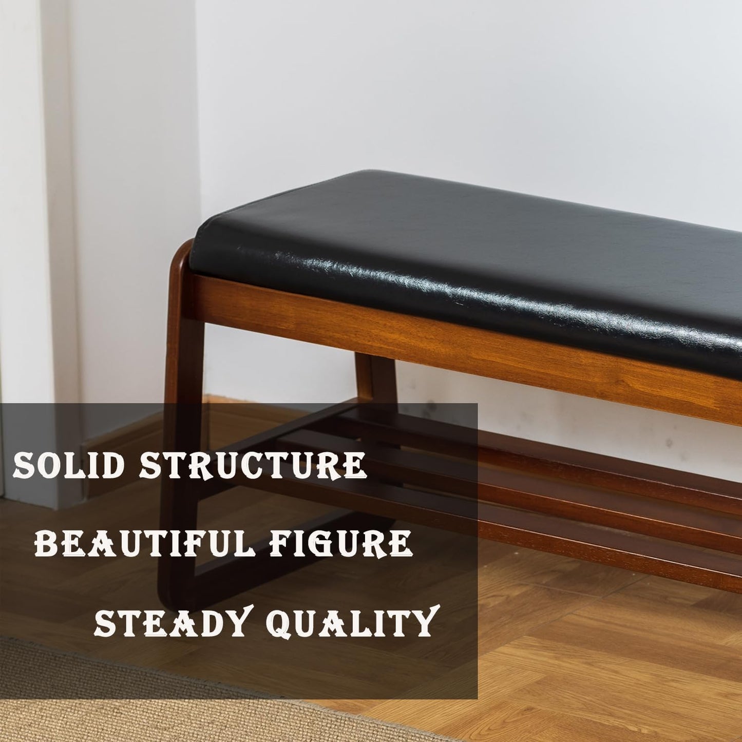 latifolia Solid Wood Bench, Entryway Shoe Bench with Cushion, 2 Tier Shoe Storage Organizer for Hallway, Living Room(Black,21.65''L)