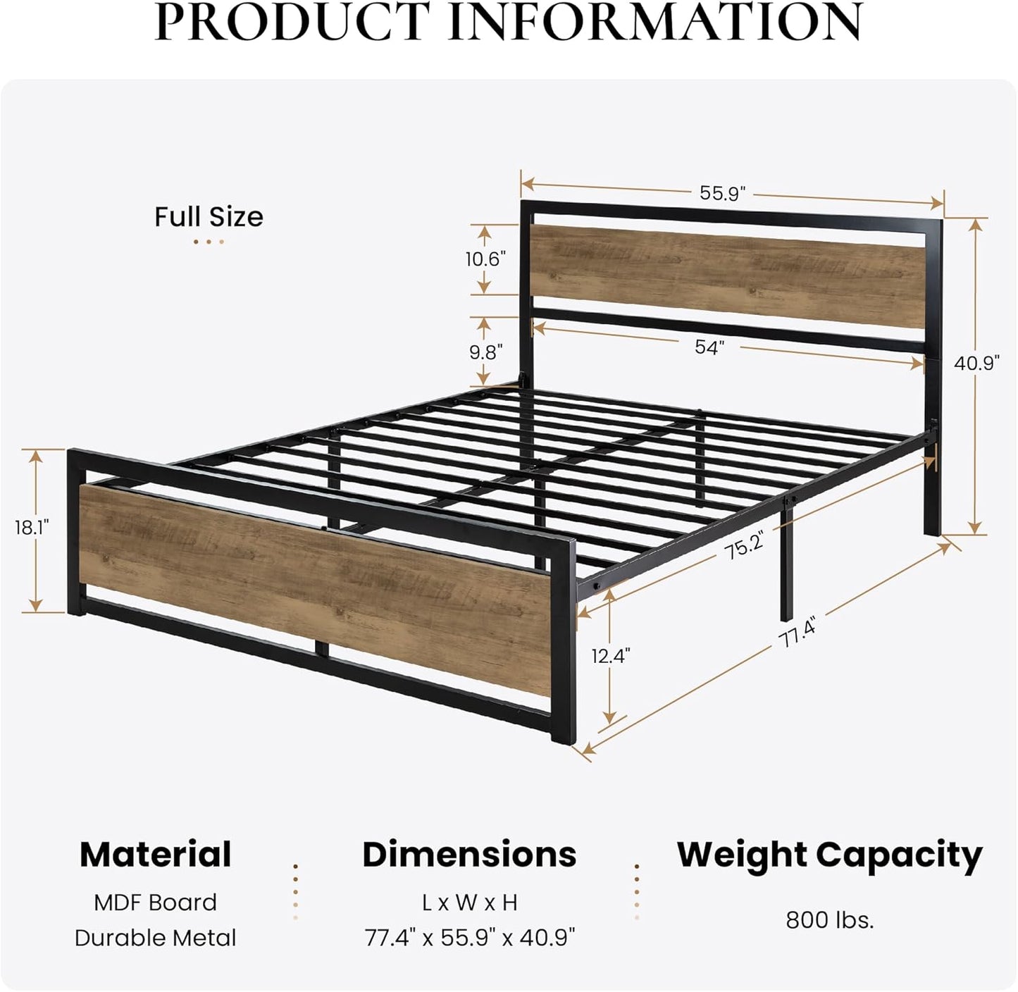 SHA CERLIN Full Size Bed Frame with Modern Headboard, Heavy Duty Platform Metal Base with Square Footboard and 13 Strong Slats Support, No Box Spring Needed, Brown