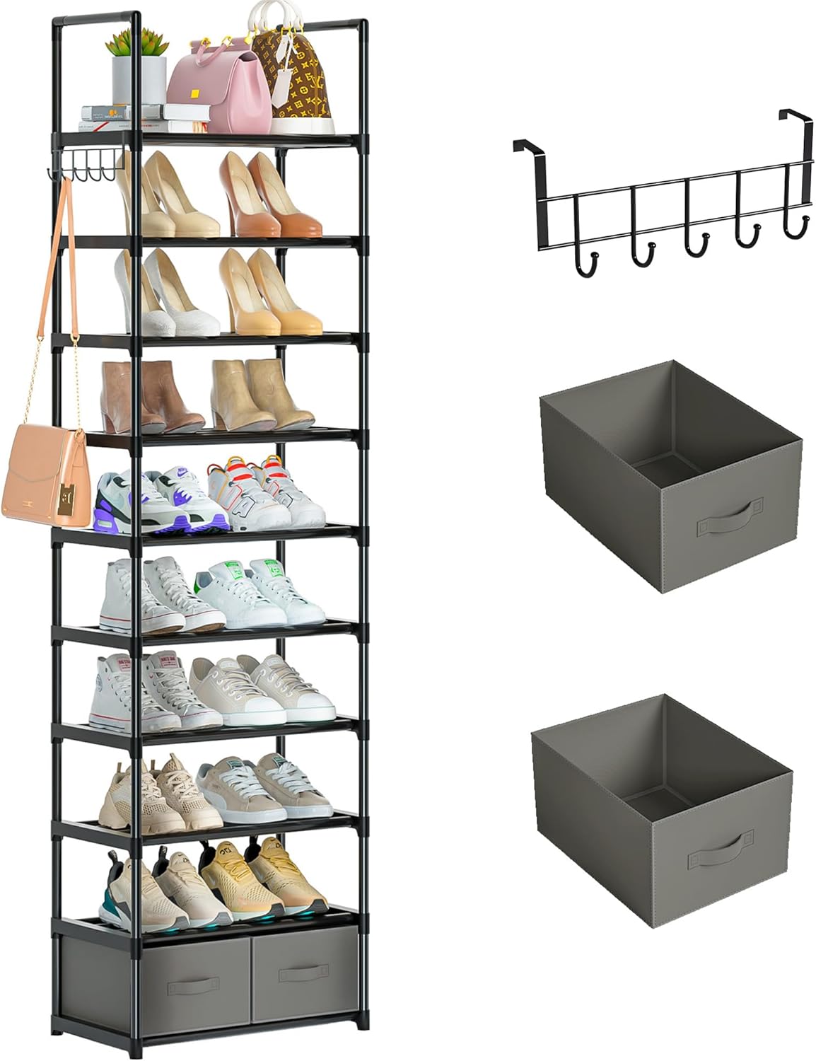 Tall Shoe Rack Narrow 10 Tier Shoes Rack 20 25 Pairs, Shoe Storage Organizer for Closet, Sturdy Metal Shoe Shelf Shoe Stand with 2 Boxes 1 Hook