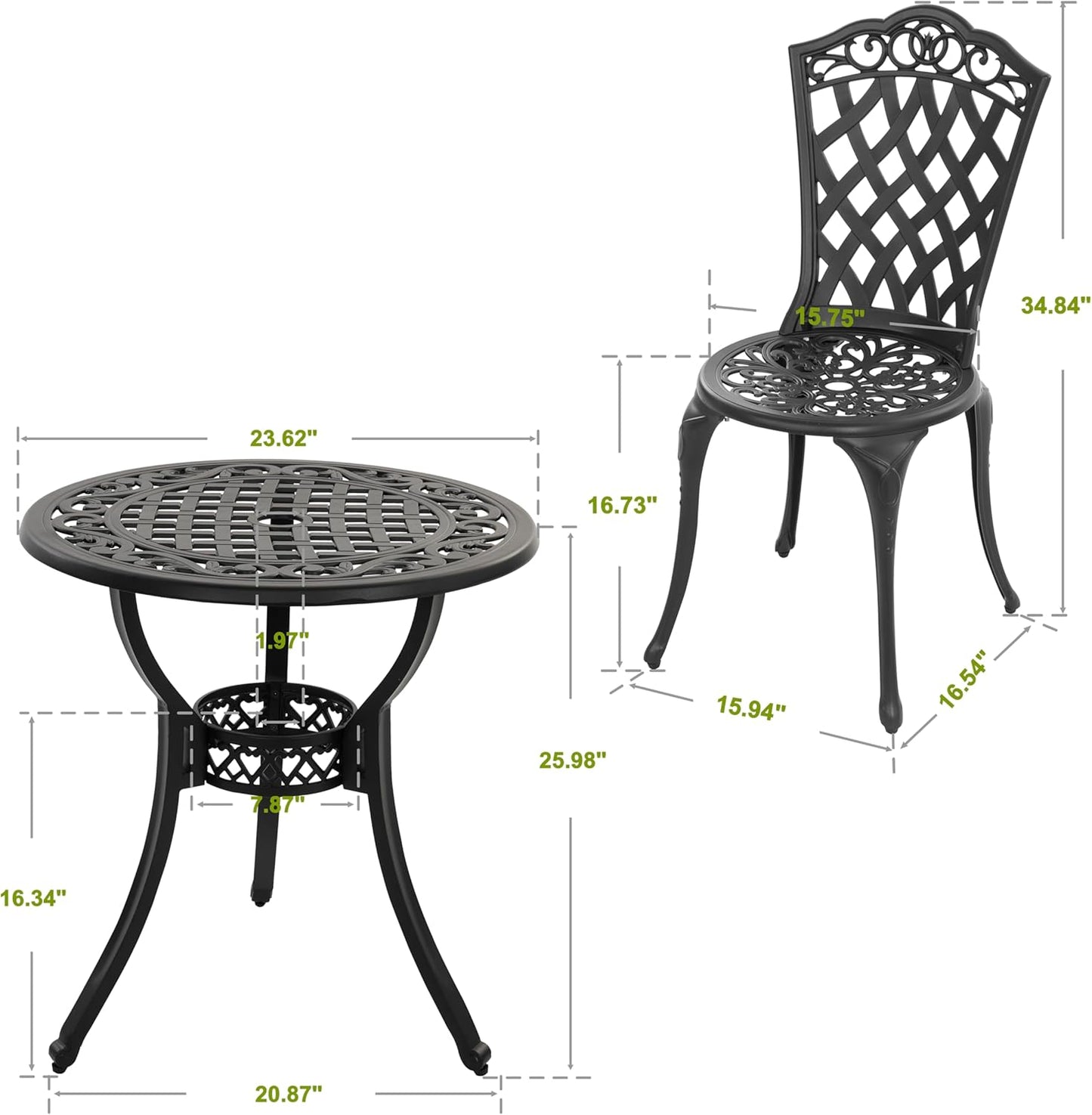 NUU GARDEN 3-Piece Patio Bistro Set Outdoor Cast Aluminum Bistro Table and Chairs Set of 2, Outdoor Patio Bistro Set with Umbrella Hole for Patio Balcony, Black