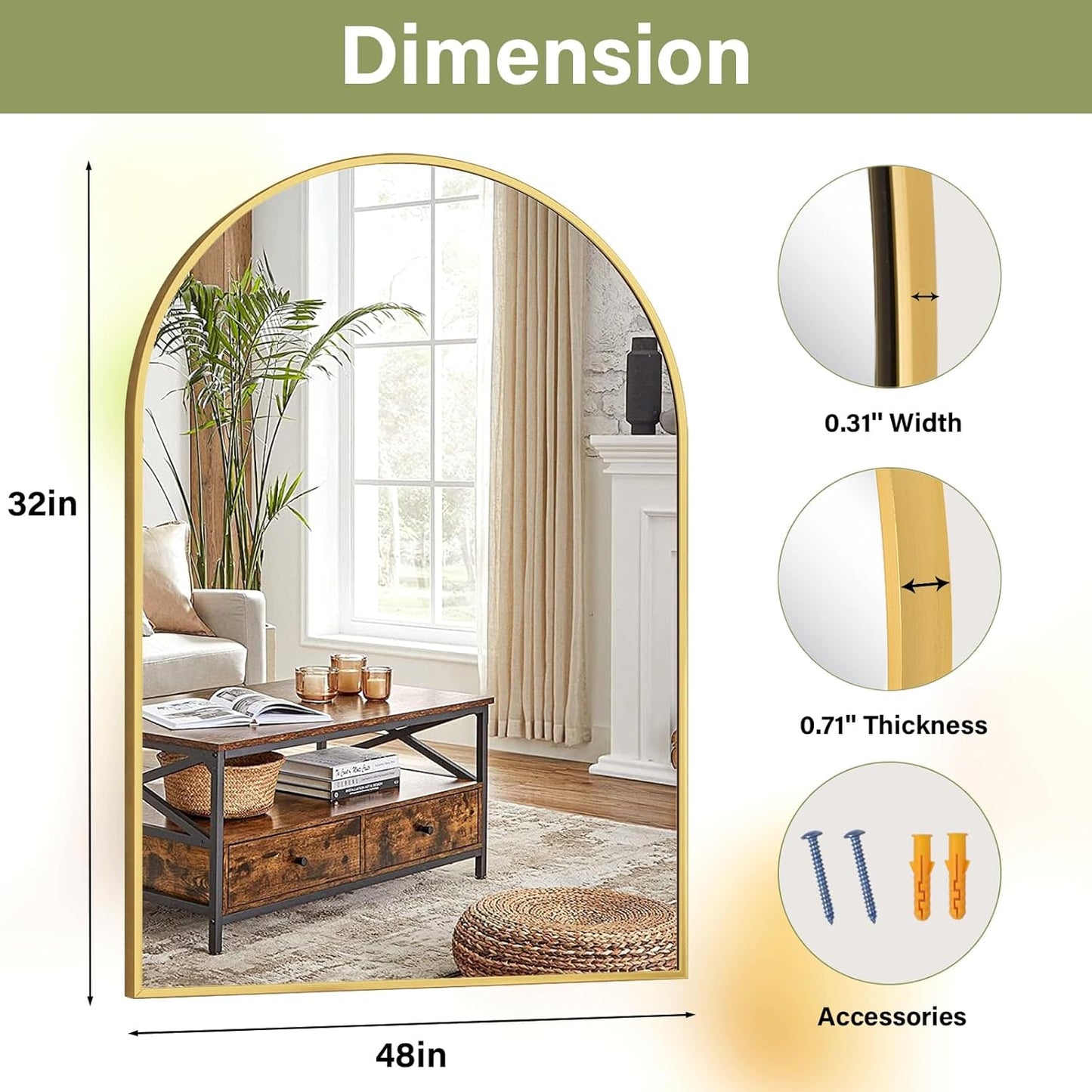 32"x48" Arched Bathroom Mirror with Aluminum Frame Arched Wall Mounted Vanity Mirror for Entryway, Bedroom, Living Room, Gold