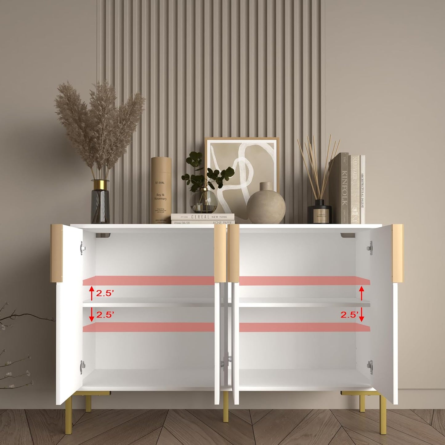 4 Doors Sideboard Buffet Cabinet with Adjustable Shelves,Modern Accent Sideboard with Golden Legs,Wide Storage Cabinet for Kitchen,Living Room,White