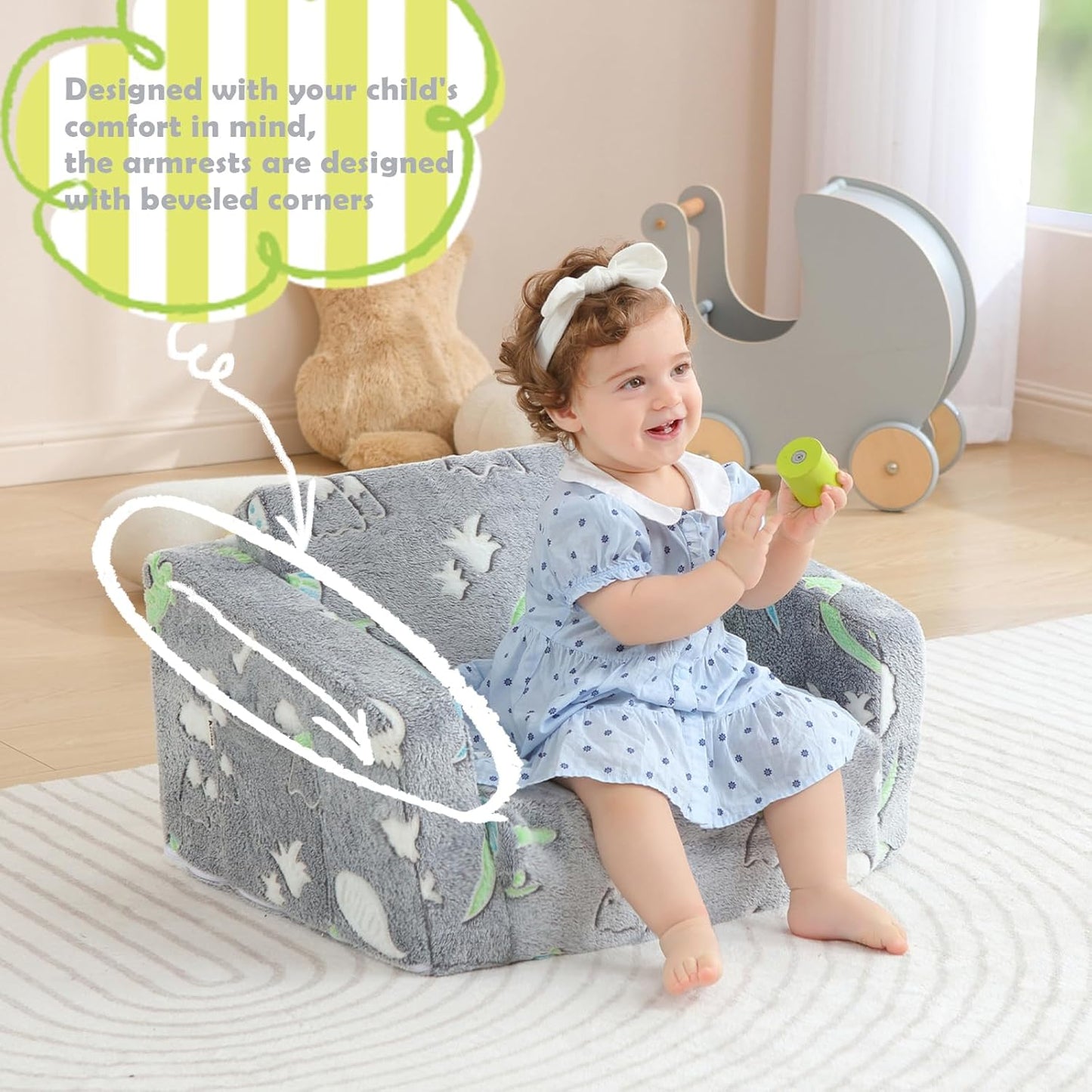 Toddler Couch Fold Out, Foldable Kids Couch with Blanket, Flip Out Toddler Chair, Foam Sofa for Girls & Boys, Convertible Sofa to Lounger for Children Age 1-3 (Glow Dino Grey)