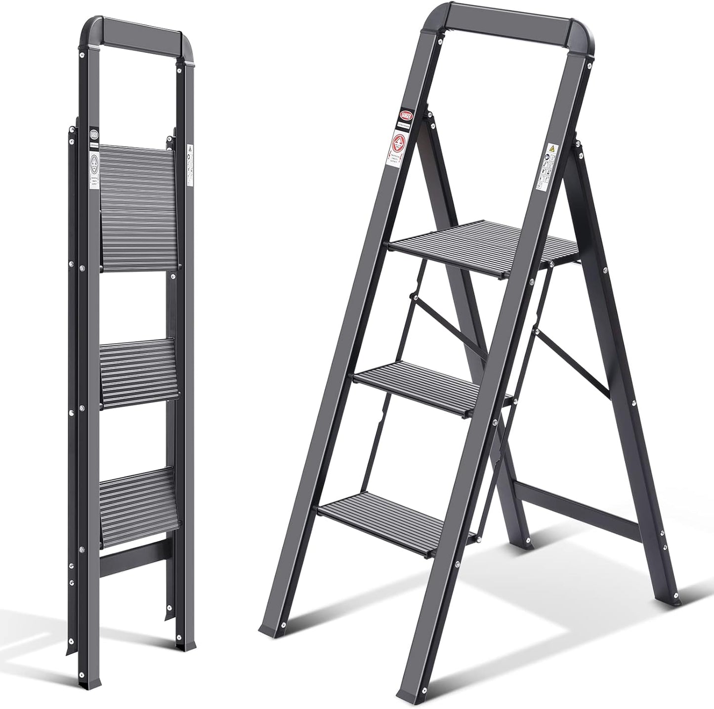 KINGRACK Aluminium 3 Step Ladder, Lightweight Step Stool with Non-Slip Pedals, Handrail, 330 LBS Foldable Step Ladder for Kitchen, Garage, Home, Space Saving, Sturdy and Portable, Black