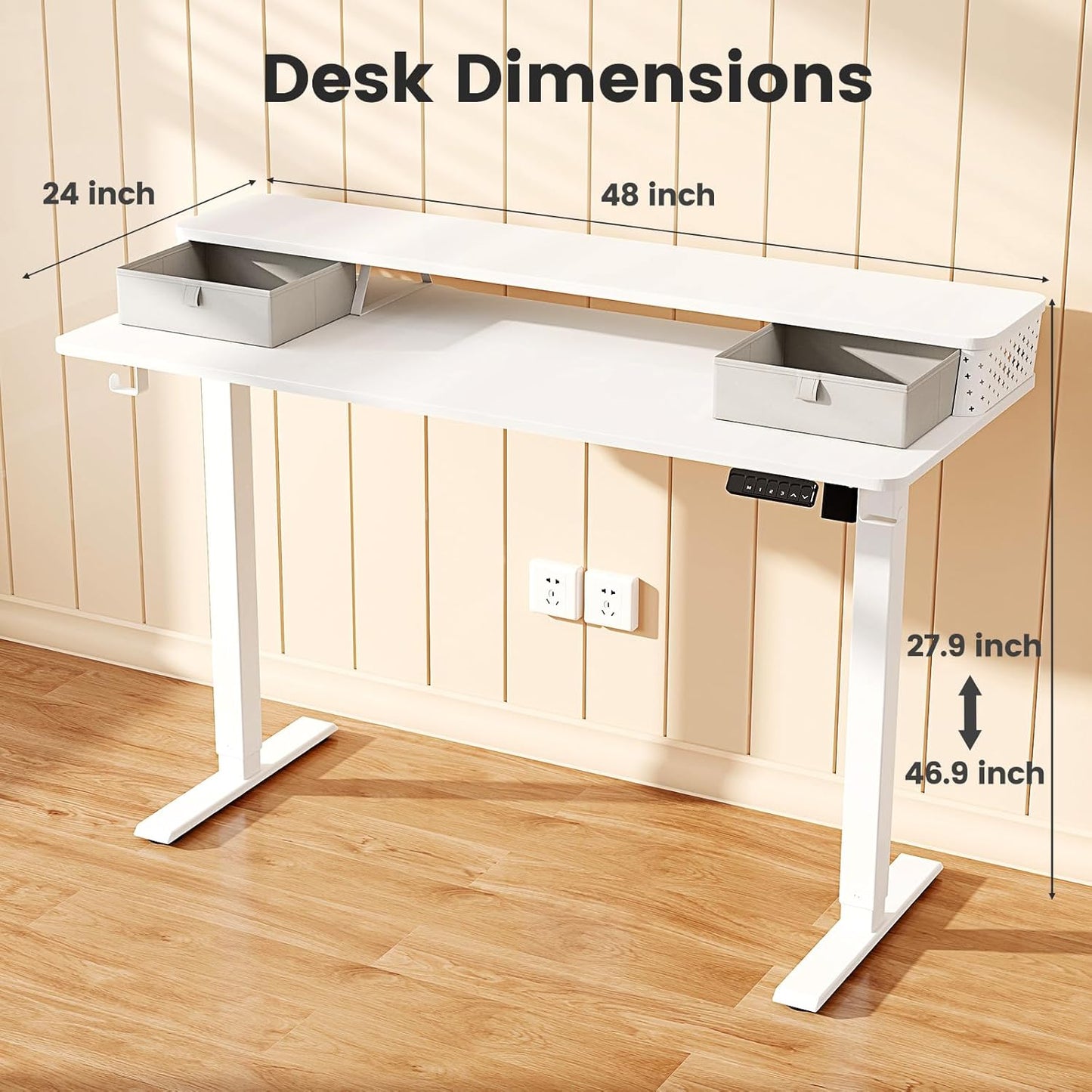 Standing Desk with Drawers and Brushless Motor,Electric Height Adjustable Desk for Walking Pad,Ergonomic Stand Up Desk for Home Office & Gaming,3 Memory Height Preset & Hooks(48" x 24",White)
