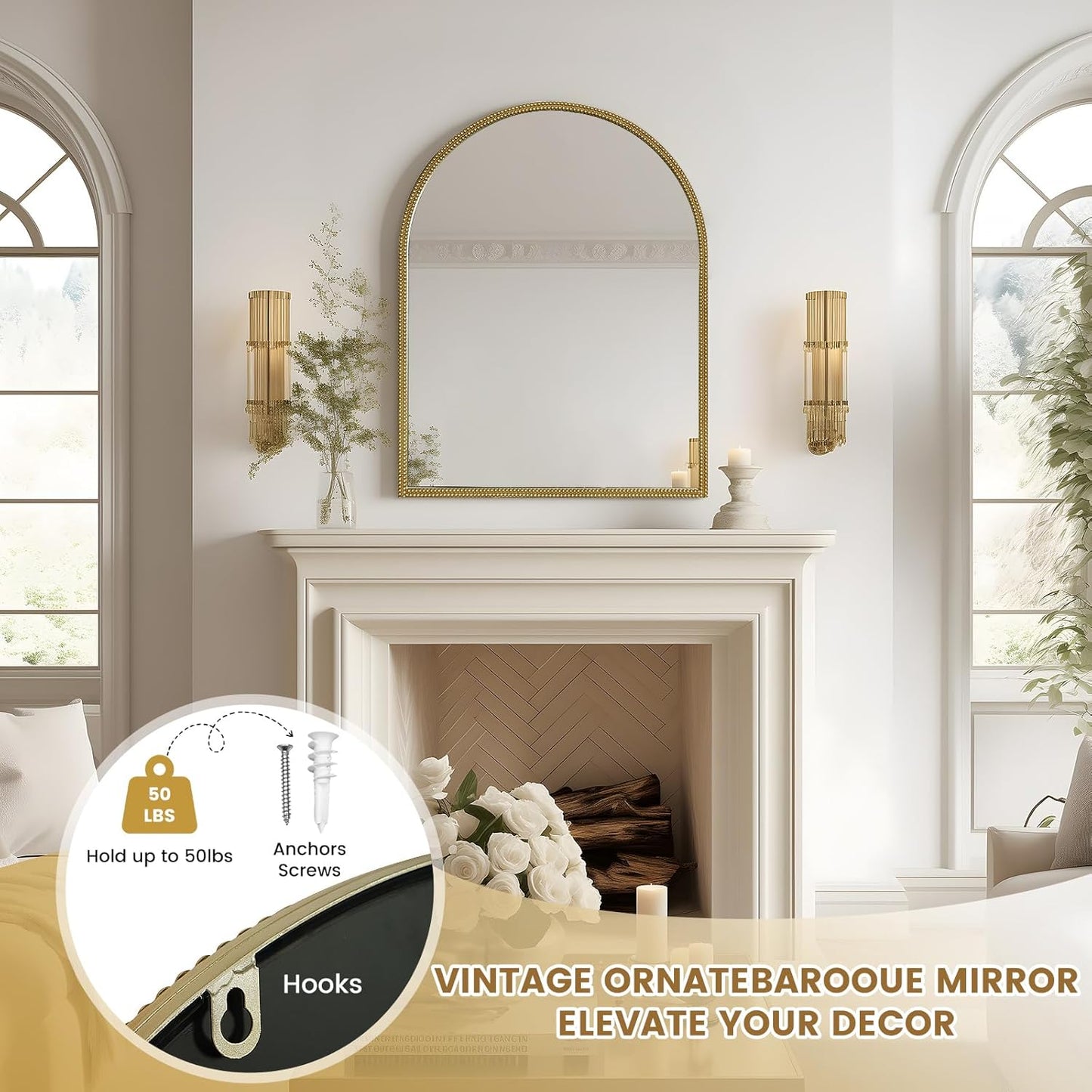 WallBeyond Gold Vintage Mirror for Vanity 28x36 Inch, Gold Antique Mirror with Ornate Beaded Frame for Bathroom, Living Room, Fireplace, Entryway