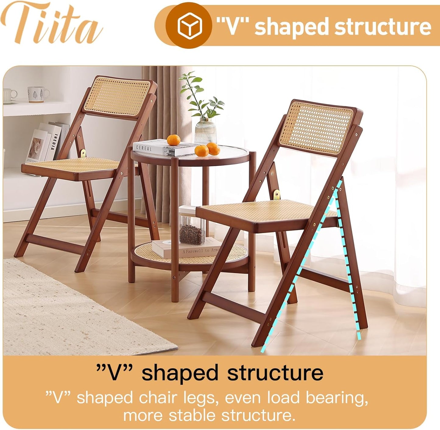 Tiita Rattan Dining Chairs Set of 2, Mid Century Modern Folding Chair, Bamboo Folding Dining Chairs for Small Space, Dining Room, Living Room, Bedroom, Walnut