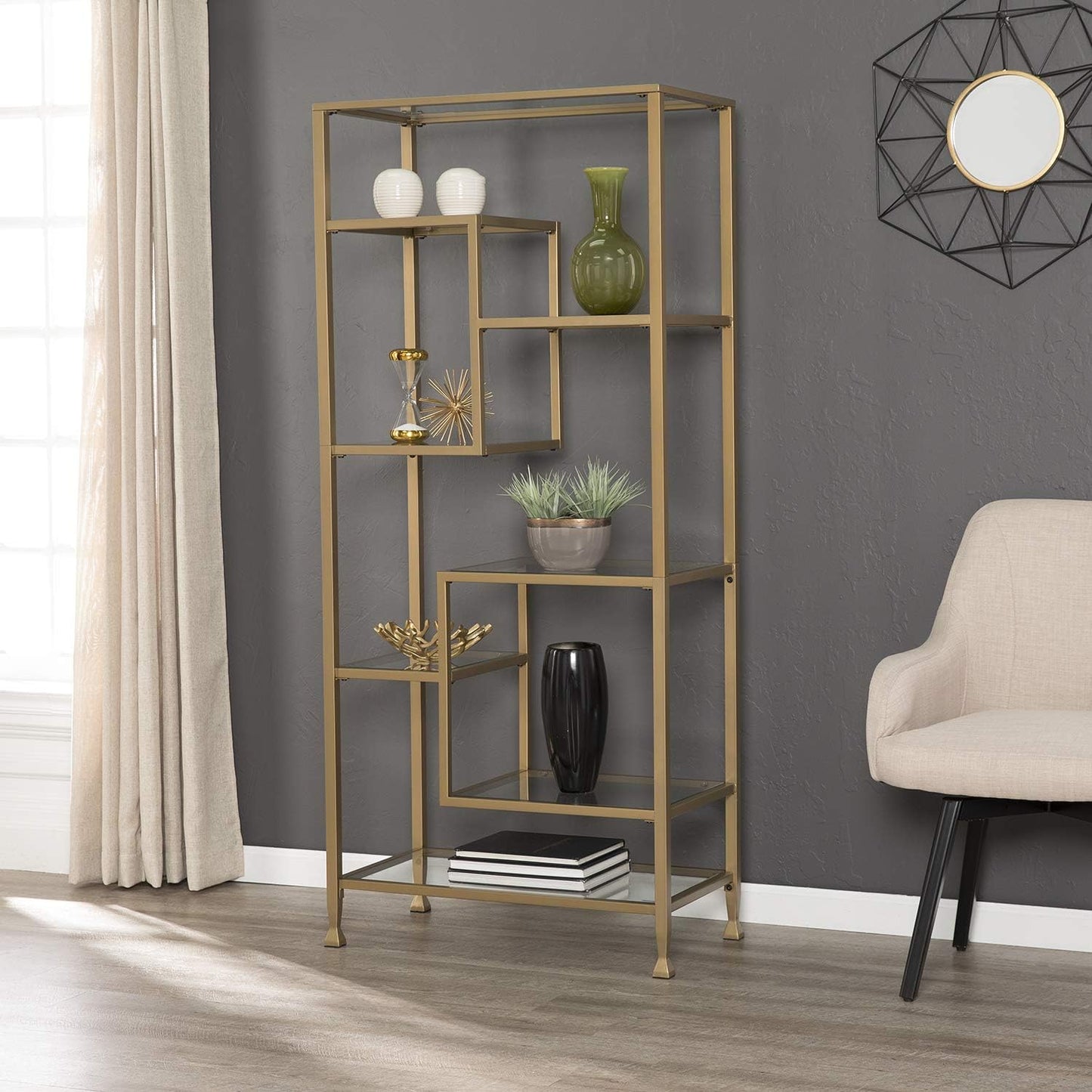 SEI Furniture Jaymes Metal/Glass Asymmetrical Étagère/Bookcase, Gold