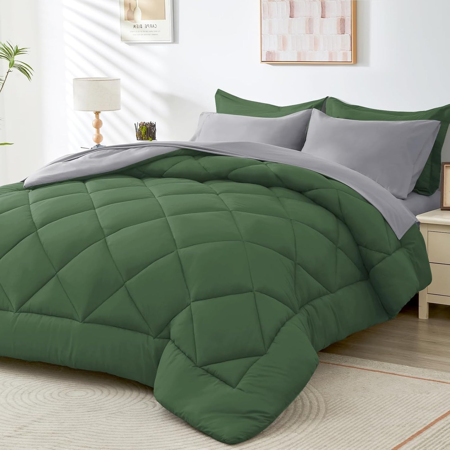 HEVUMYI Full Comforter Set - 7-Piece All Season Bed in a Bag Full, Ultra Soft Bedding Set with Comforter, Flat Sheet, Fitted Sheet, Pillowcases, Pillow Shams, Green & Light Grey