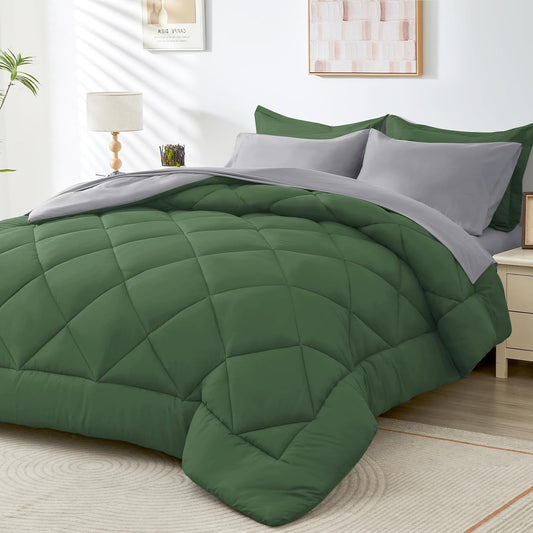 HEVUMYI Queen Comforter Set - 7-Piece All Season Bed in a Bag Queen, Ultra Soft Bedding Set with Comforter, Flat Sheet, Fitted Sheet, Pillowcases, Pillow Shams, Green & Light Grey