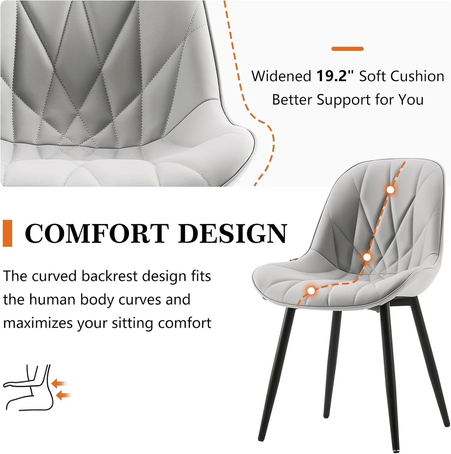 Rowill Dining Chairs Set of 2 - Modern Kitchen Chairs with Soft Backrest, Sturdy Metal Legs & Non-Slip Pads, Suitable for Home Kitchen, Faux Leather Upholstered Seats for Dining Room, Grey