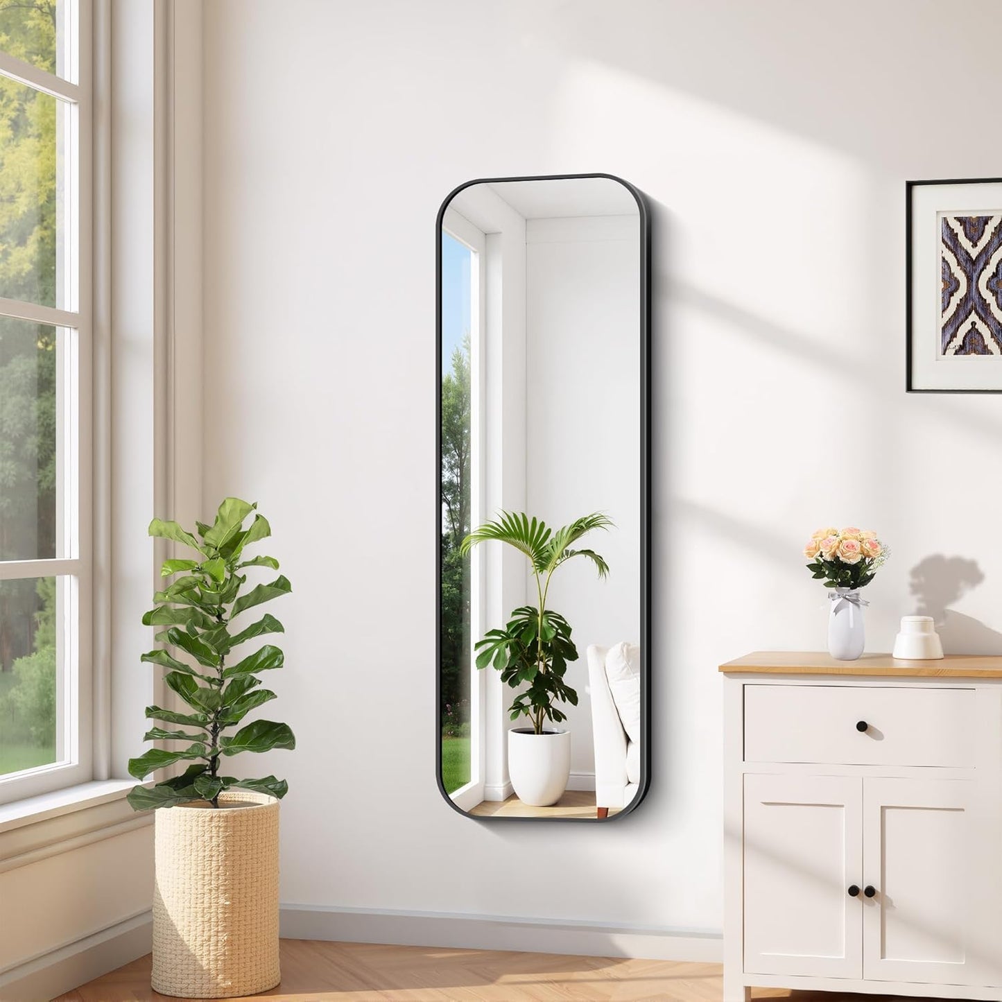 FORBATH Bathroom Mirror 48" x 16", Rectangle Black Bathroom Mirror with Black Aluminum Frame Rounded Corner, Wall Mounted Mirror for Bedroom Entryway Living Room