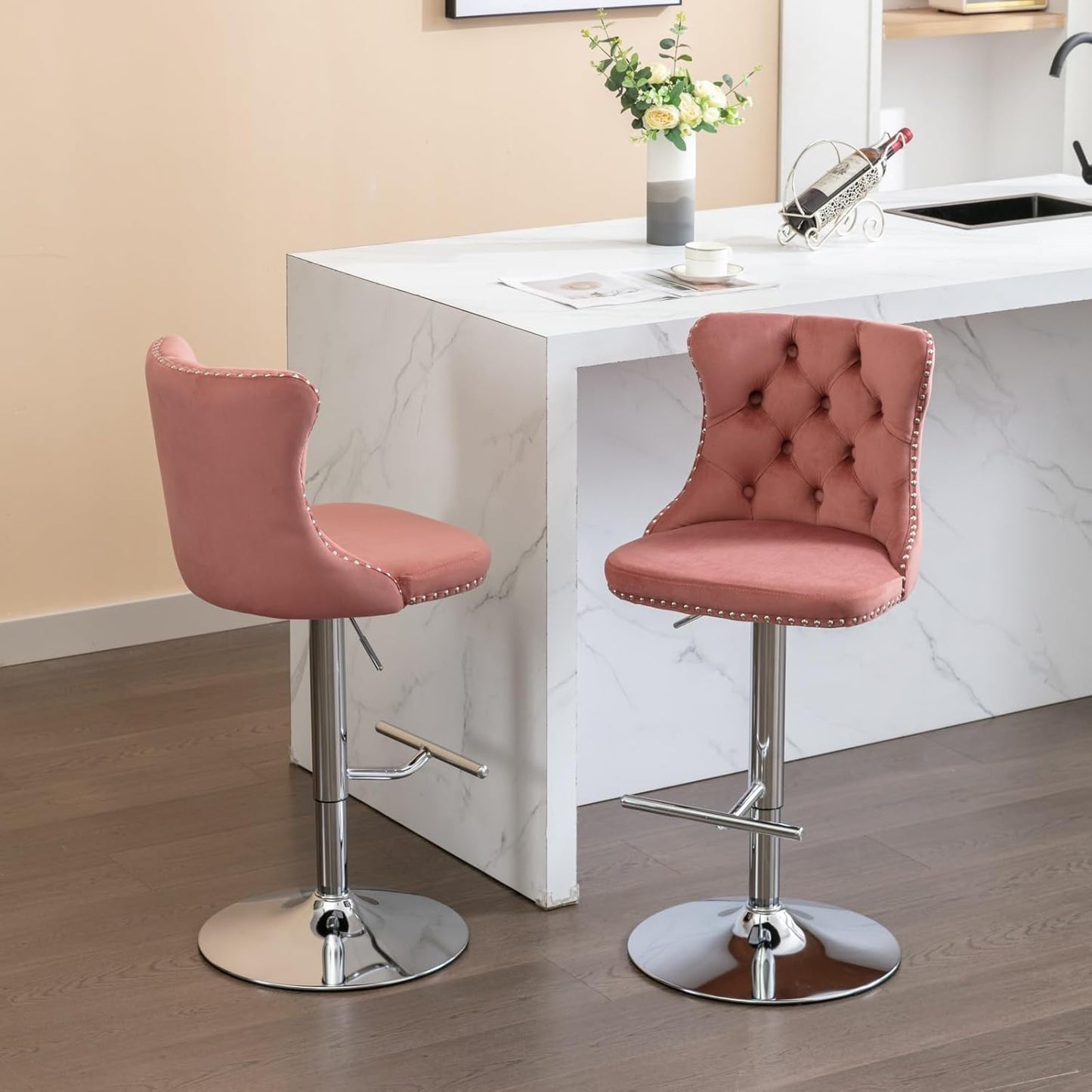 PacknWood Acosure Swivel Velvet Barstools Adjusatble Seat Height from 25-33" with Backs Comfortable Tufted Modern Upholstered Chrome Base Bar Chairs for Home Pub Kitchen,Pink,Set of 2