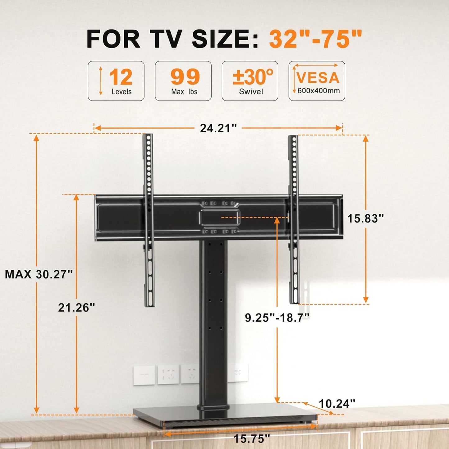 Universal Swivel TV Stand Base Table Top TV Stand for 32-75 Inch TVs 60 Degree Swivel, 12 Height Adjustable Monitor Mount Stand, Max VESA 600x400mm,Holds up to 99lbs TS204