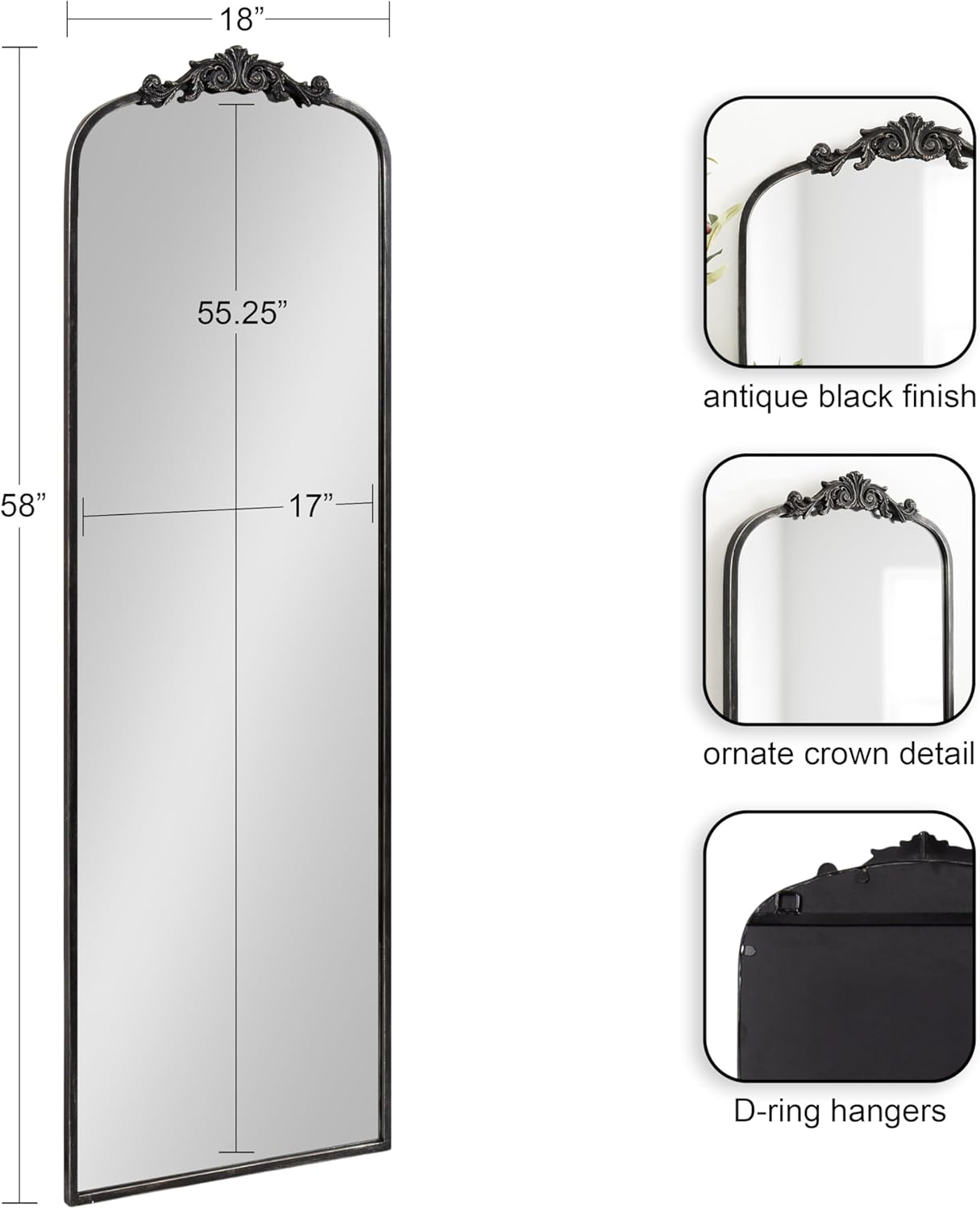 Kate and Laurel Arendahl Vintage Arched Tall Panel Mirror, 18 x 58, Antique Black, Traditional Baroque Full Length Mirror with Ornate Garland Inspired Crown for Bedroom Body Mirror Decor