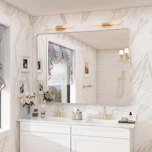 48x40 Silver Bathroom Mirrors for Vanity, Brushed Nickel Metal Silver Framed Bathroom Mirror for Wall, Rounded Rectangle Silver Mirror, Anti-Rust, Shatterproof (Horizontal/Vertical)