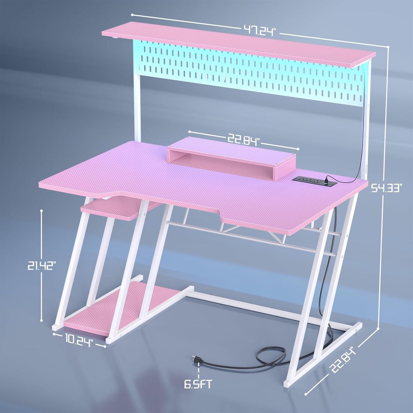Gaming Computer Desk with Power Outlets, Gaming Desk with Hutch and LED Lights, Reversible PC Gaming Desk with Pegboard, Carbon Fiber Pink, 47"
