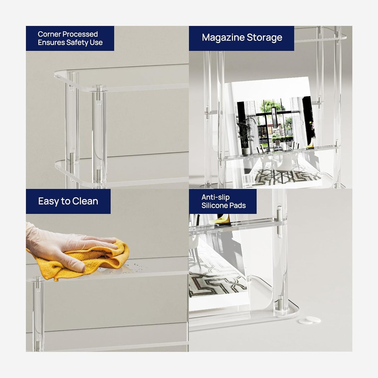 HMYHUM Acrylic Narrow End Table for Small Spaces with Magazine Holder, Slim Side Small Nightstand/Bedside Table for Living Room, Bedroom, 3 Tier, 15.7" L x 7" W x 23" H, Clear