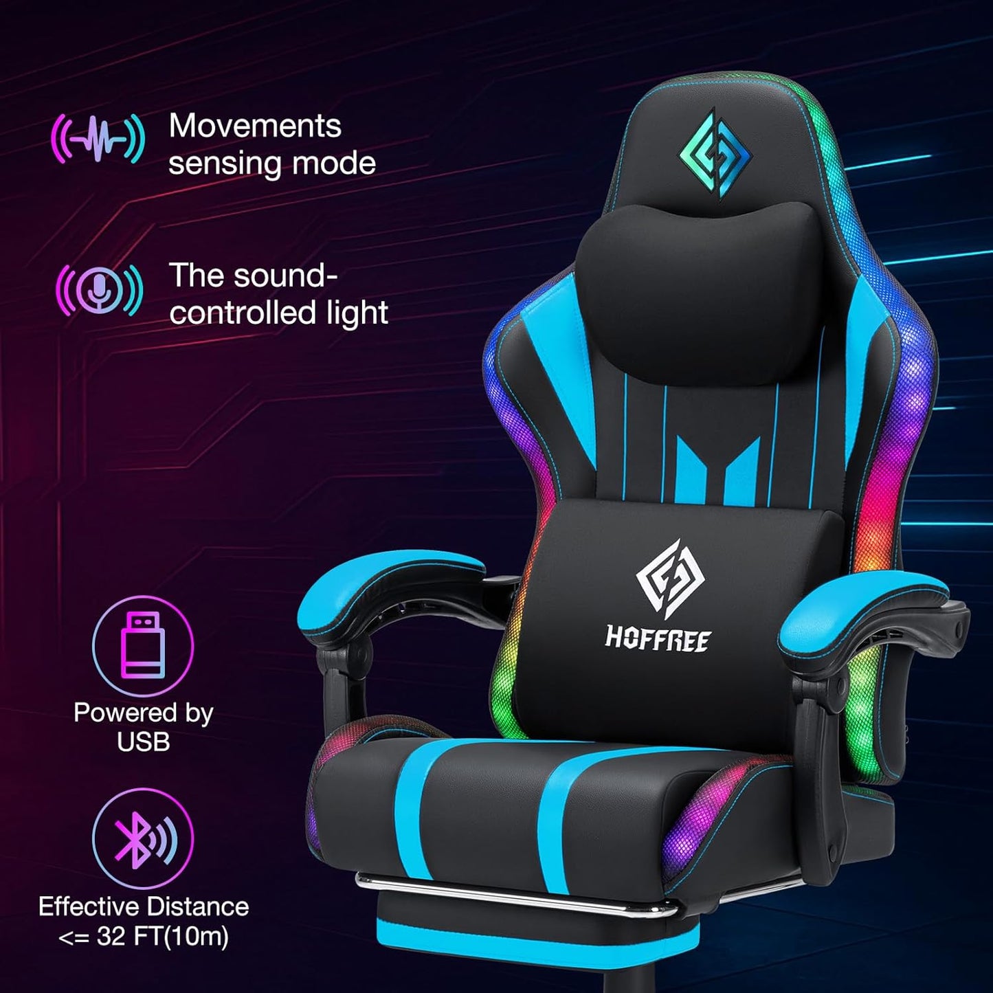HOFFREE Gaming Chair with Music Rhythm RGB LED Lights and Bluetooth Speakers Ergonomic Massage Computer Gaming Chair with Footrest Video Game Chair High Back with Lumbar Support Blue and Black