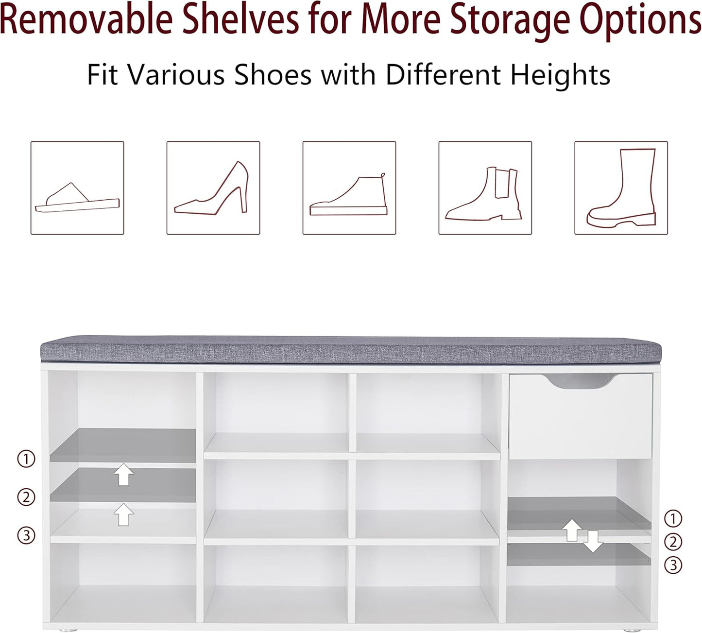 DINZI LVJ Shoe Bench, Entryway Storage Bench with Drawer and 11 Cubbies, Cubby Shoe Rack with Adjustable Shelves, Shoe Organizer Cabinet for Living Room, Bedroom, Mudroom, Closet and Garage, White