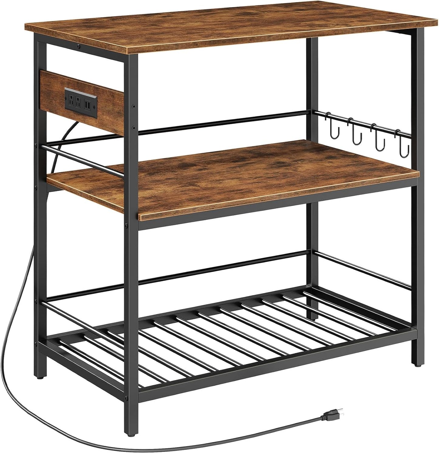 HOOBRO Kitchen Island with Storage, Kitchen Island Table with Power Outlet, 47.2" L 3 Tier Coffee Station and Microwave Stand, for Home, Kitchen and Dining Room, Rustic Brown and Black BF120UZD01