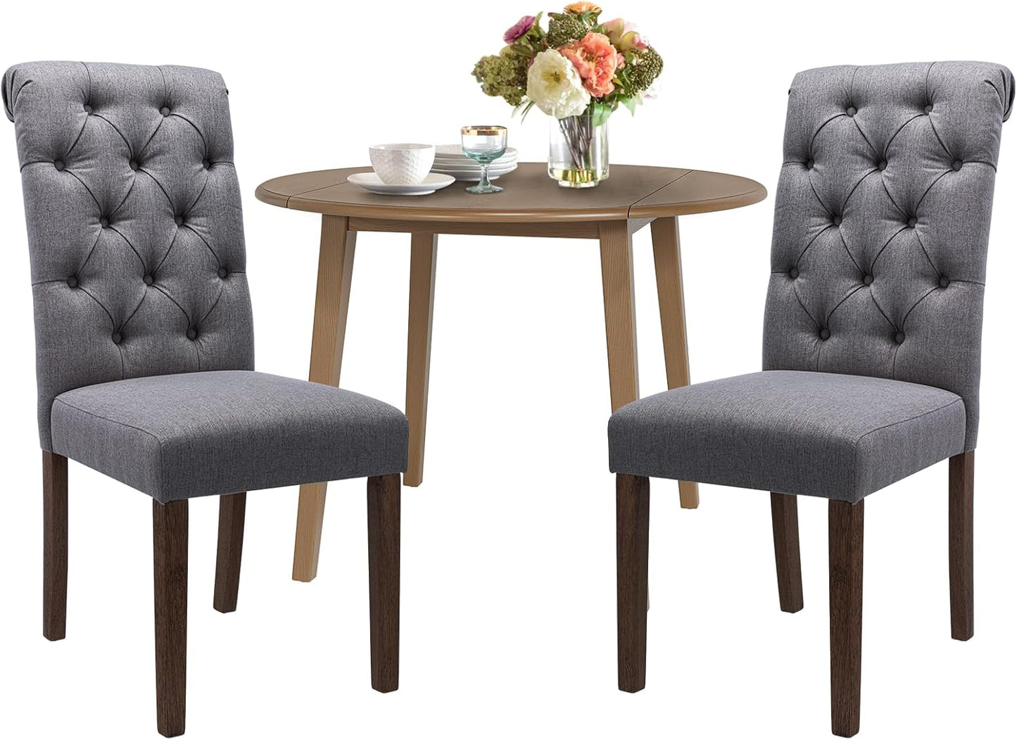 COLAMY 3-Piece Extendable Dining Table Set for 2, 36" Kitchen Round Wood Table with 2 Tufted Dining Room Chairs,Light Brown/Dark Grey