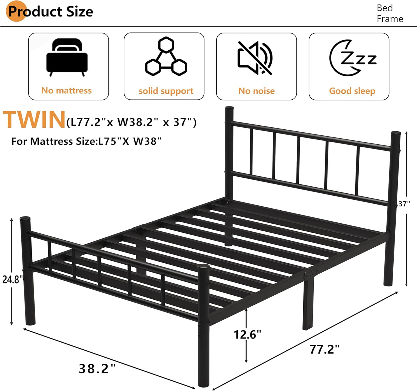 Metal Bed Frame,14Inch Twin Size Bed Frame with Storage Space,Heavy Duty Sturdy Mattress Foundation,Easy Assembly,No Box Spring Needed,Twin Grey