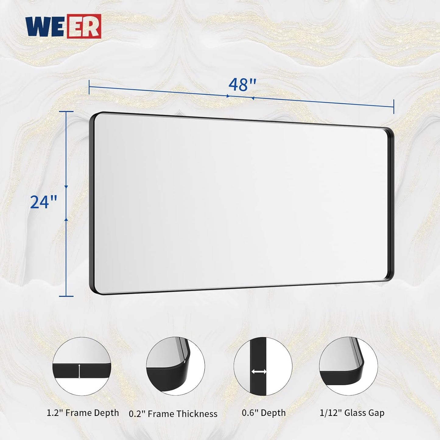 WEER Black Bathroom Mirror for Wall, 48X24 Inch Matte Black Mirror, Rectangular Black Metal Framed Vanity Mirror with Tempered Glass, Rounded Corner, Anti-Rust (Horizontal/Vertical)