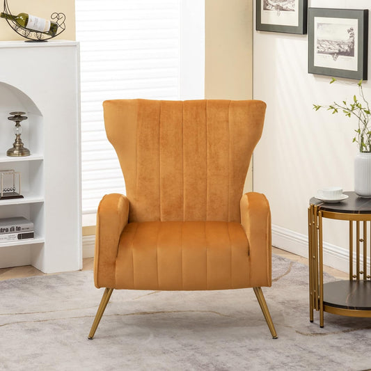 Container Furniture Direct Modern Velvet Accent Chair, Channel Tufted Bedroom, Office or Living Room Furniture with Elegant Metal Legs, 26" Wide Armchair, Mustard Yellow