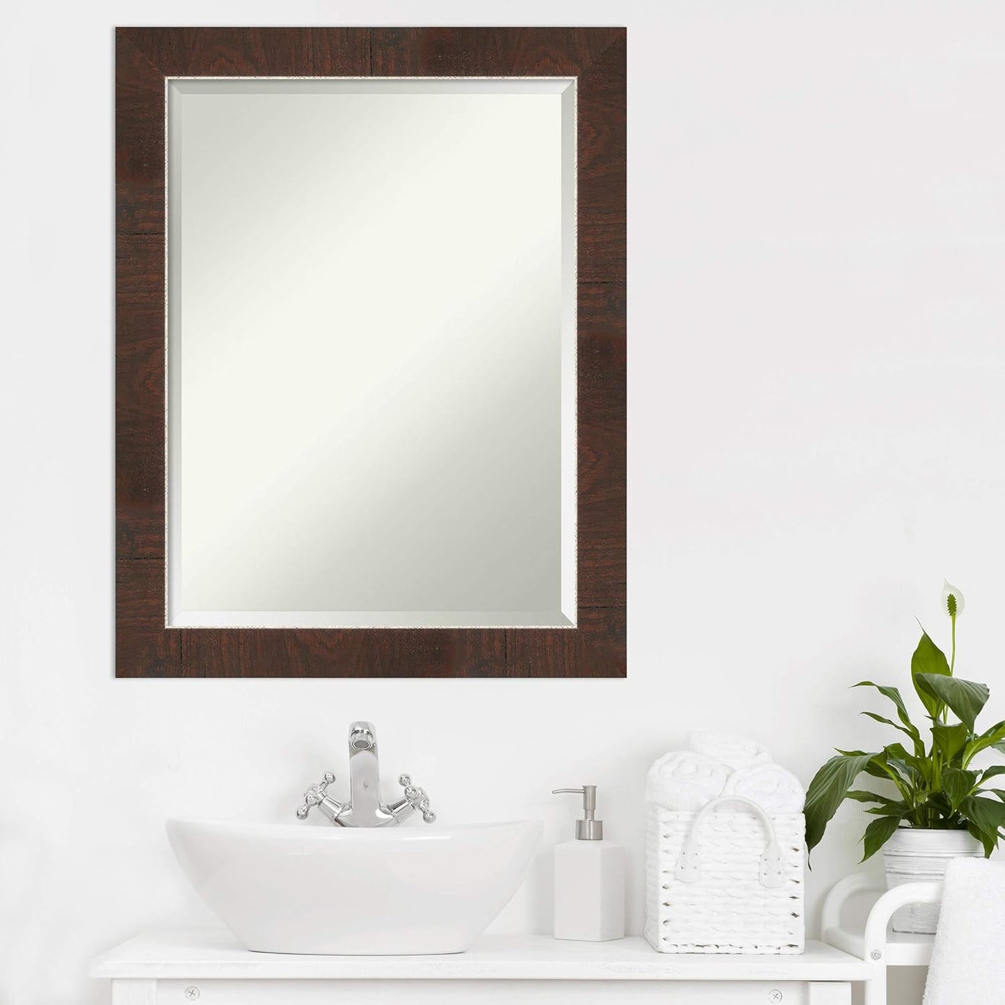 Amanti Art Brown Bathroom Mirror for Over Sink, 27x21 Wildwood Brown Narrow Rectangle Vanity Mirror, Medium Rustic Farmhouse Frame, Hangs Horizonally and Vertically, Bathroom Wall Decor, Beveled Edge
