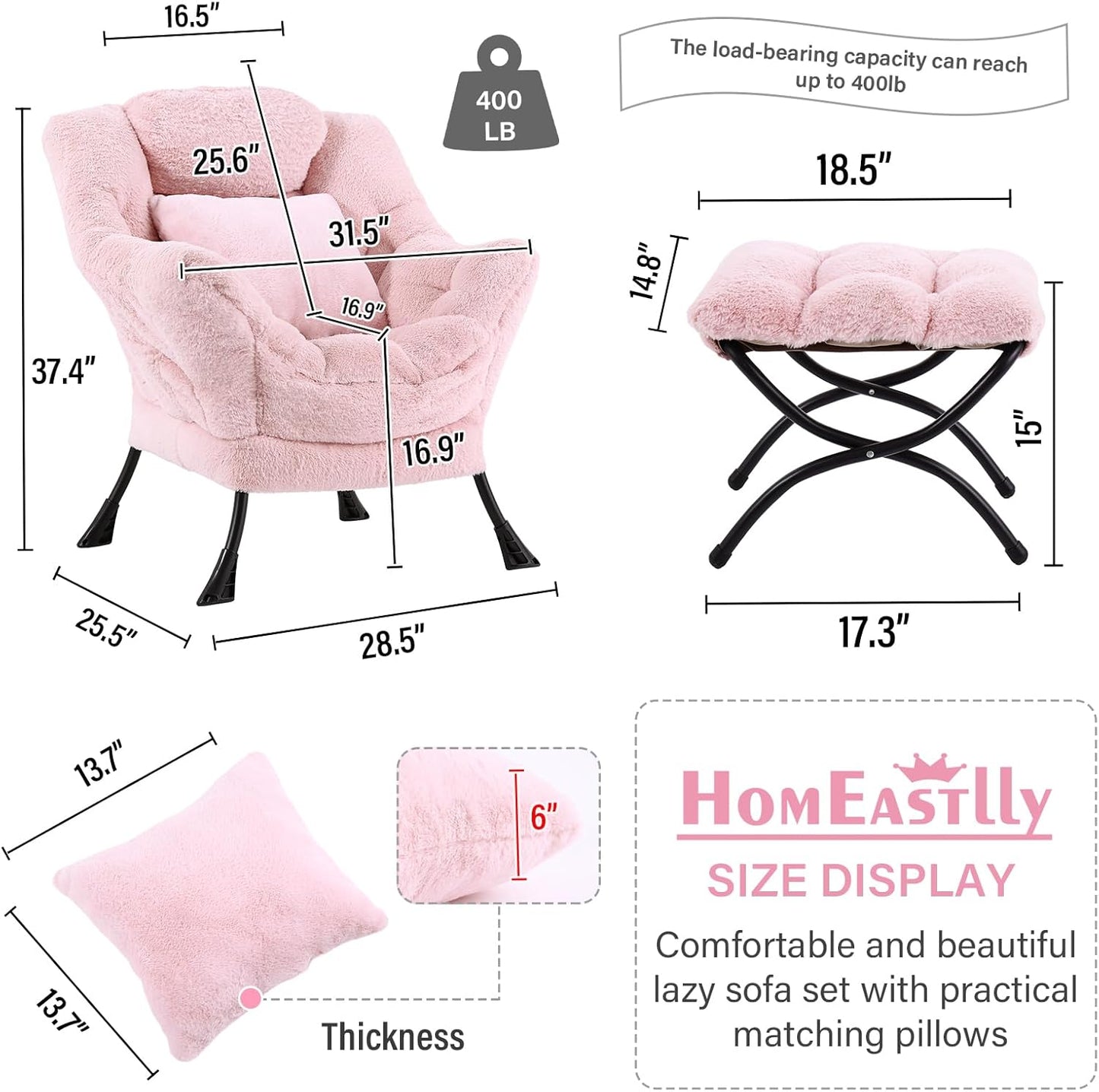 Large Lazy Chair with Ottoman, Accent Reading Chair with a Throw Pillow, Cozy Lounge Chair with Armrest, Leisure Sofa Chair for Living Room, Bedroom, Dorm, Plush Pink