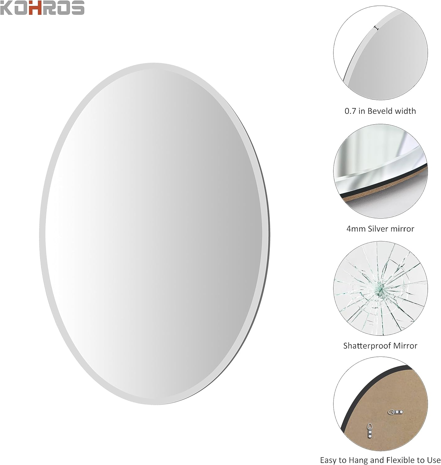 KOHROS Bathroom Mirrors for Over Sink - Oval Frameless Mirror - Beveled Polished Wall Mirror for Bathroom, Vanity, Bedroom (18" W x 24" H Oval)