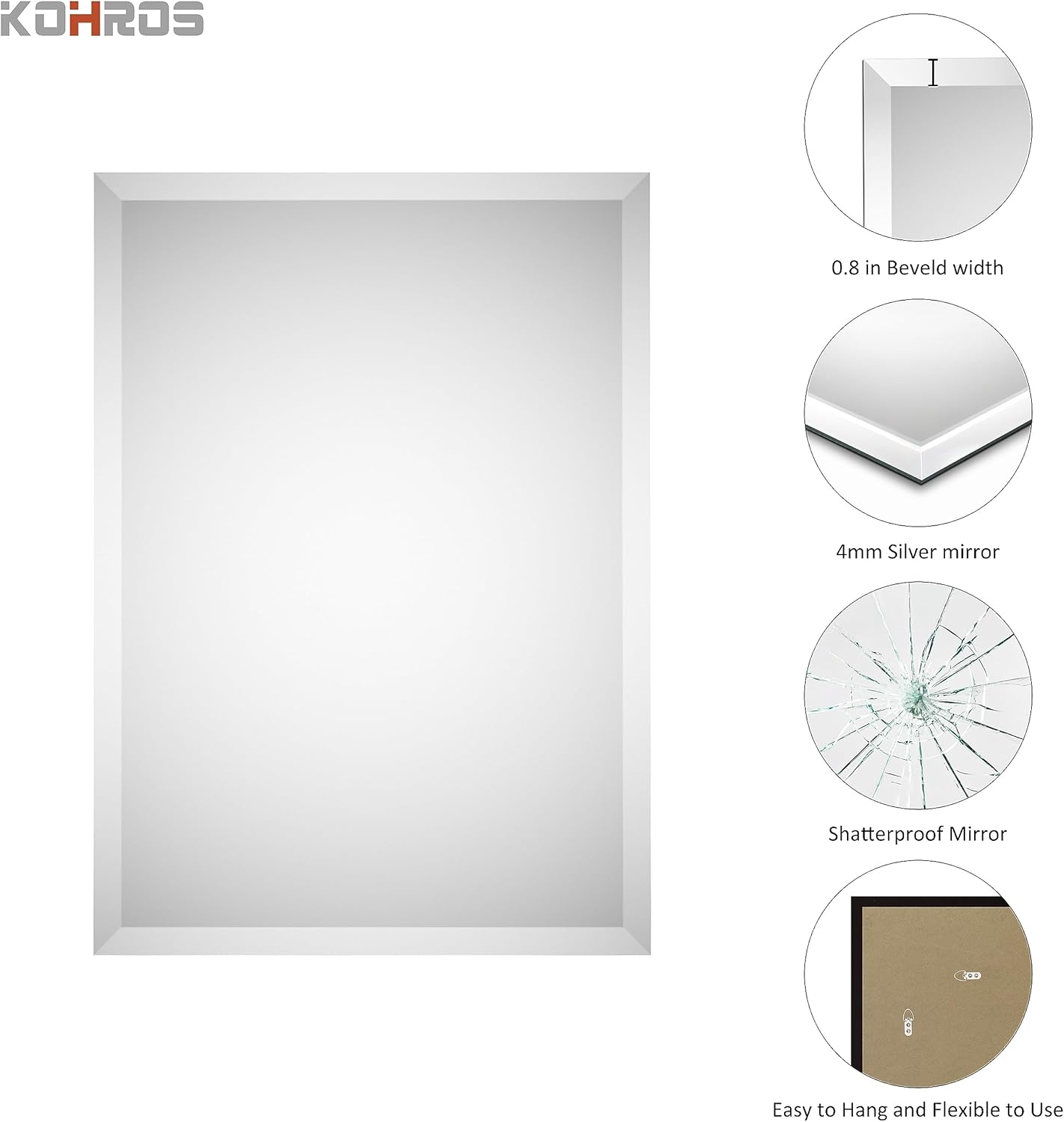 KOHROS Rectangular Wall Mirror Frameless Bathroom Mirror 18” x 24" Beveled Edge Mirror for Vanity and Entryway Hang Horizontally or Vertical