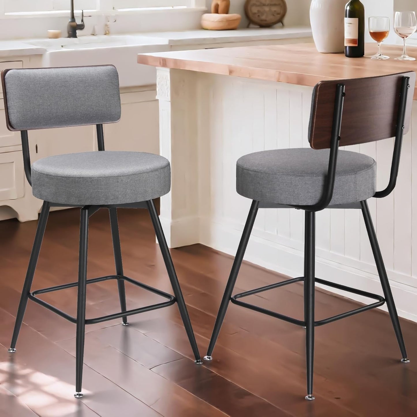 Counter Height Bar Stools, 25" Swivel Bar Stools Set of 2, Round Swivel Bar Chair, Fabric Upholstered Barstools with Metal Leg, Stool for Kitchen Counter Island, Dark Grey