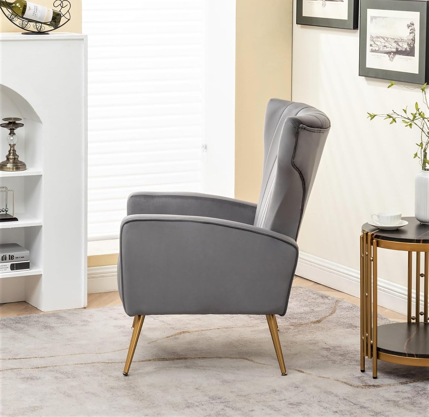 Container Furniture Direct Modern Velvet Accent Chair, Channel Tufted Bedroom, Office or Living Room Furniture with Elegant Metal Legs, 26" Wide Armchair, Grey