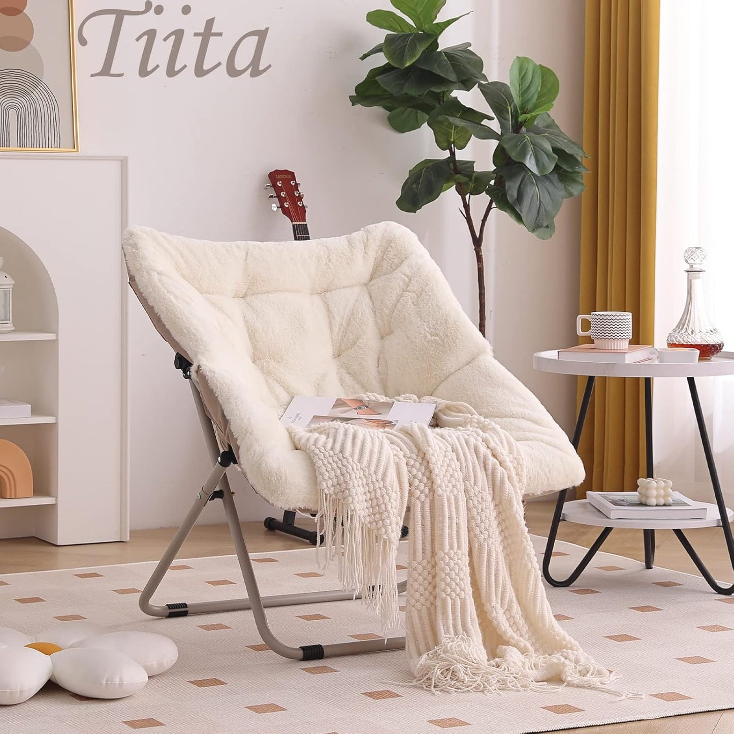 Tiita Comfy Folded Chair, Soft Faux Fur Oversized Folding Accent Chair, Lounge Lazy Chair for Kids Teens Adults, Metal Frame Moon Chair for Bedroom, Living Room, Dorm Rooms