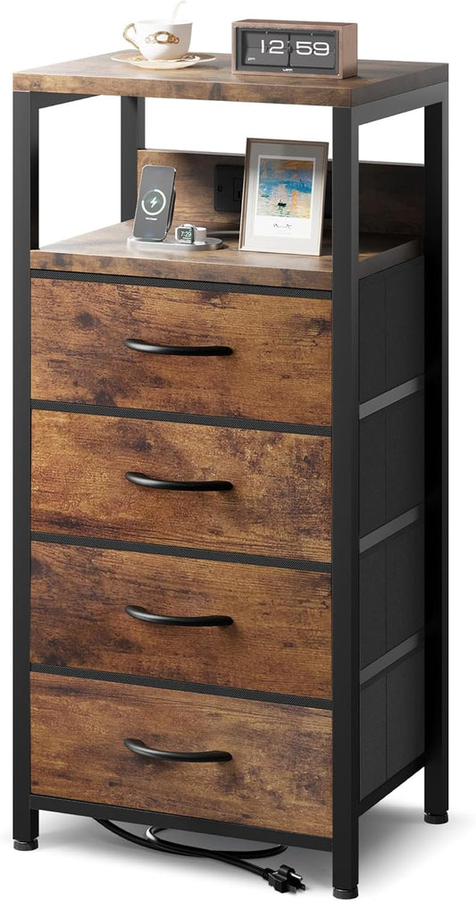 NightStand Bedside Charging Table Bedroom - Night Stand with Charger Station, Modern Nightstand with Open Shelf & 4 Fabric Drawers, Bed Side Table with USB-C USB Ports & AC Outlets for Dorm