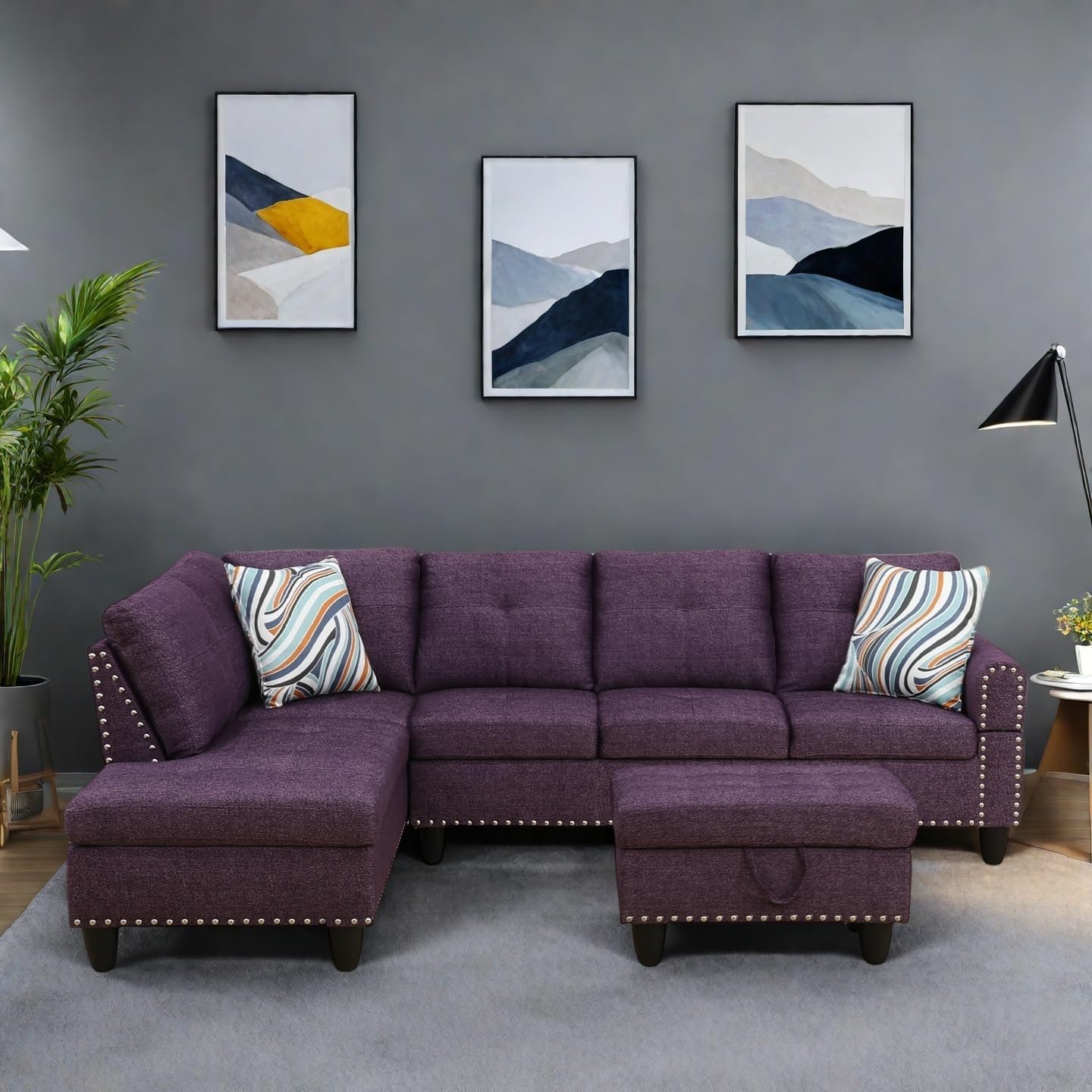 Modern Living Room Furniture Sets with Cup Holder, Modular Sectional Couches with Chaise Lounge, 4-Seaters L Shape Sofa with Storage Ottoman, for Living Room, Apartment, Purple