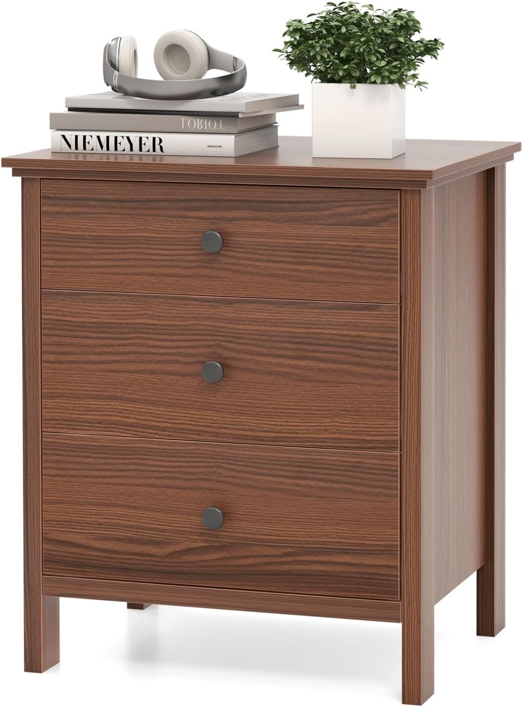 KOMFOTT 3 Drawers Nightstand, Wooden Bedside Table, Modern Sofa Side End Table, Space-Saving Telephone Table, Chest of Drawers for Living Room, Bedroom & Office (1, Walnut)