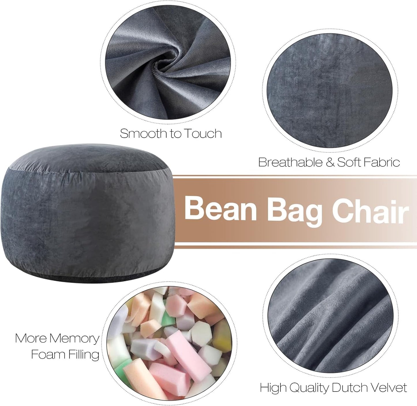 4 Ft Bean Bag Chairs for Adults/Teens with Memory Foam Filling, Comfy Bean Bag Sofa with Filler Included, Soft Dutch Velvet Fabric Beanbags,4 Foot, Grey